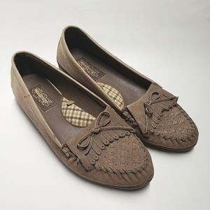 Vintage 80s tan brown leather flats / loafers / oxfords, size 8 women's fringe